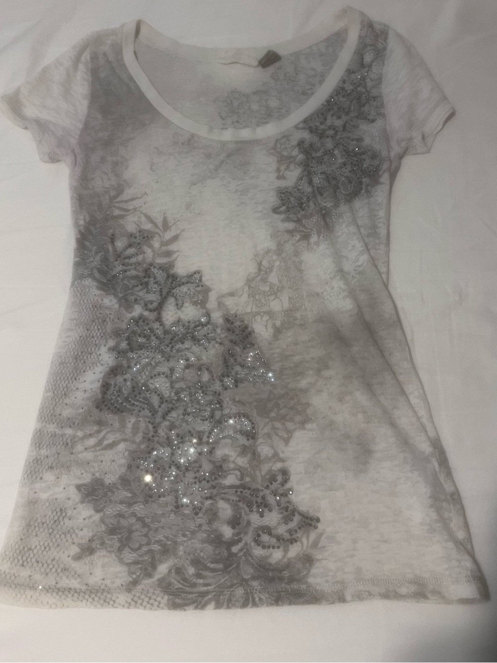Miss Me White Short Sleeve Tee with Gray Floral Lace Print and Sequin Detail
